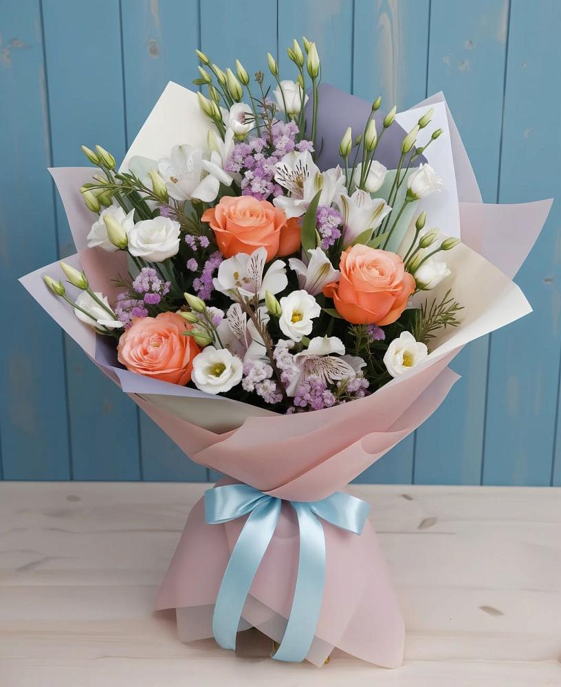 Букет цветов из: Лизиантусы, Розы, Альстромерии и Гипсофила в Поселок Памяти 13 Борцов