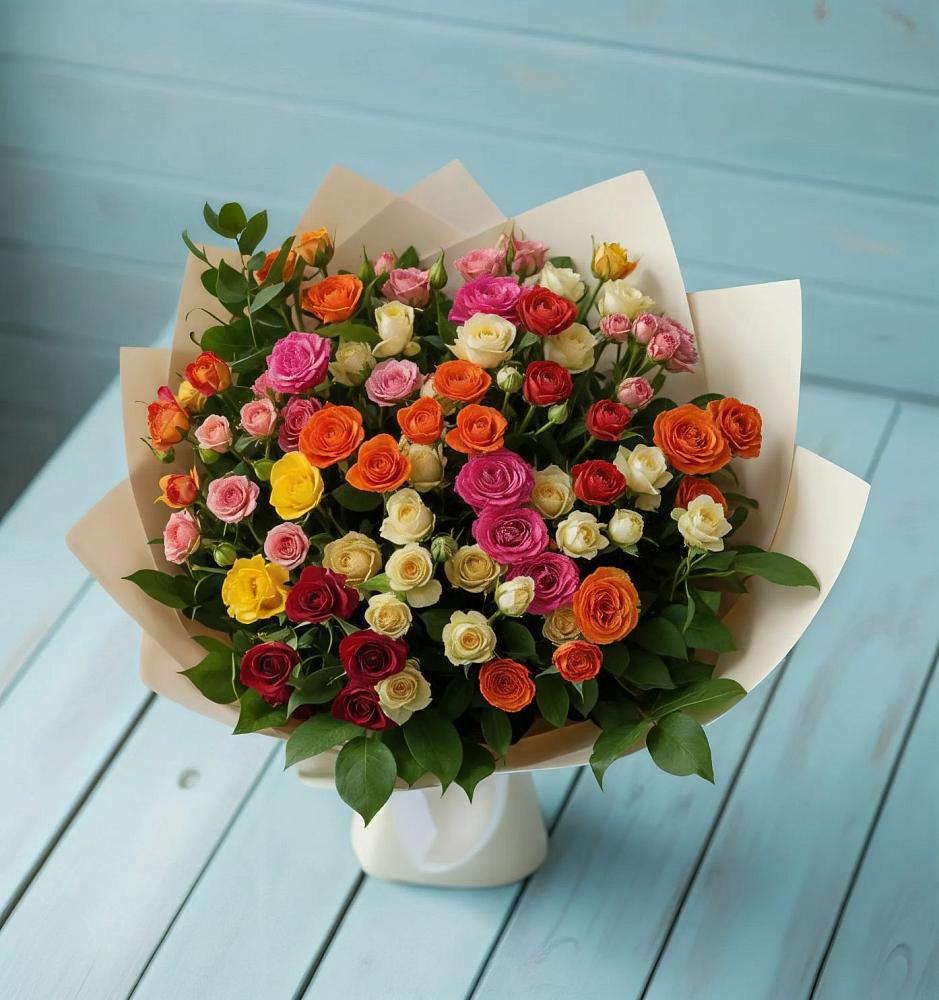 Букет Микс из разноцветных кустовых роз в Поселок Памяти 13 Борцов