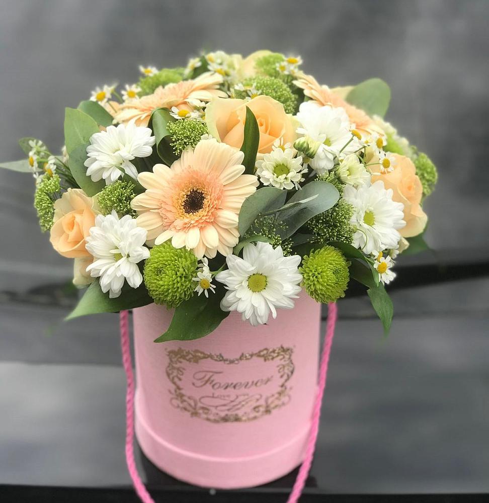 Цветочная композиция из Розы, Герберы и Хризантемы в шляпной коробке в Поселок Памяти 13 Борцов